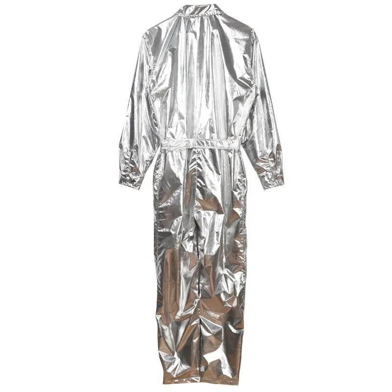 Metallic Shiny Onepiece Jumpsuit Glossy Stage Show Night Club Overalls Male Chic Dance Costumes Hip Hop Jazz Punk Singer Unforms