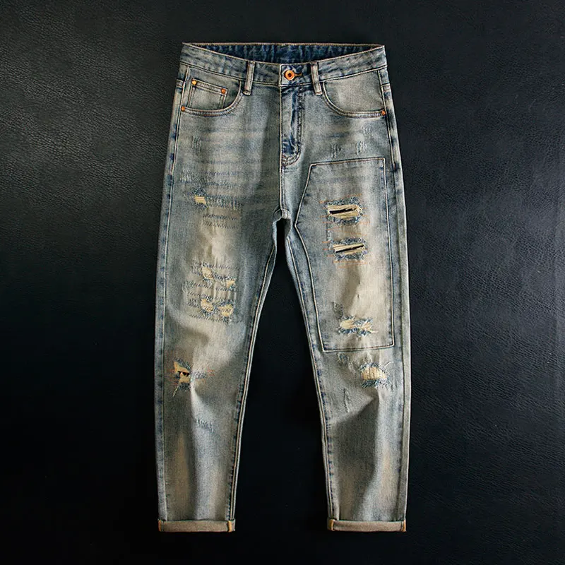 Pantalones vaqueros de diseñador callejero para hombre, Vaqueros rasgados con agujeros ajustados elásticos Retro Azul de alta calidad, pantalones vaqueros Vintage de Hip Hop para hombre