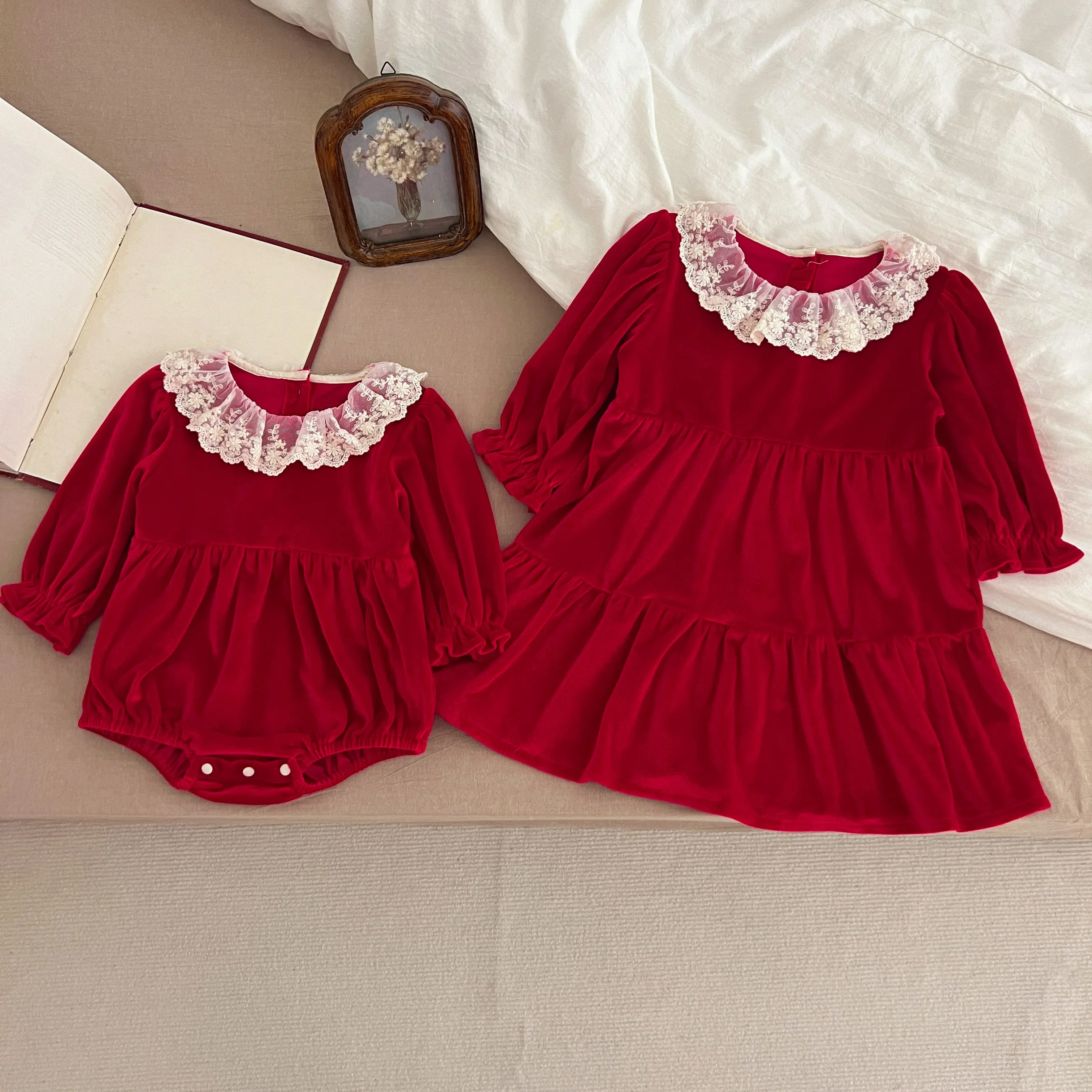 Christmas Sister Dress Lace Infant Kids Baby Girls Sweet Sisters Dress Newborn Baby Girls Doll Collar Princess Clothes Rompers