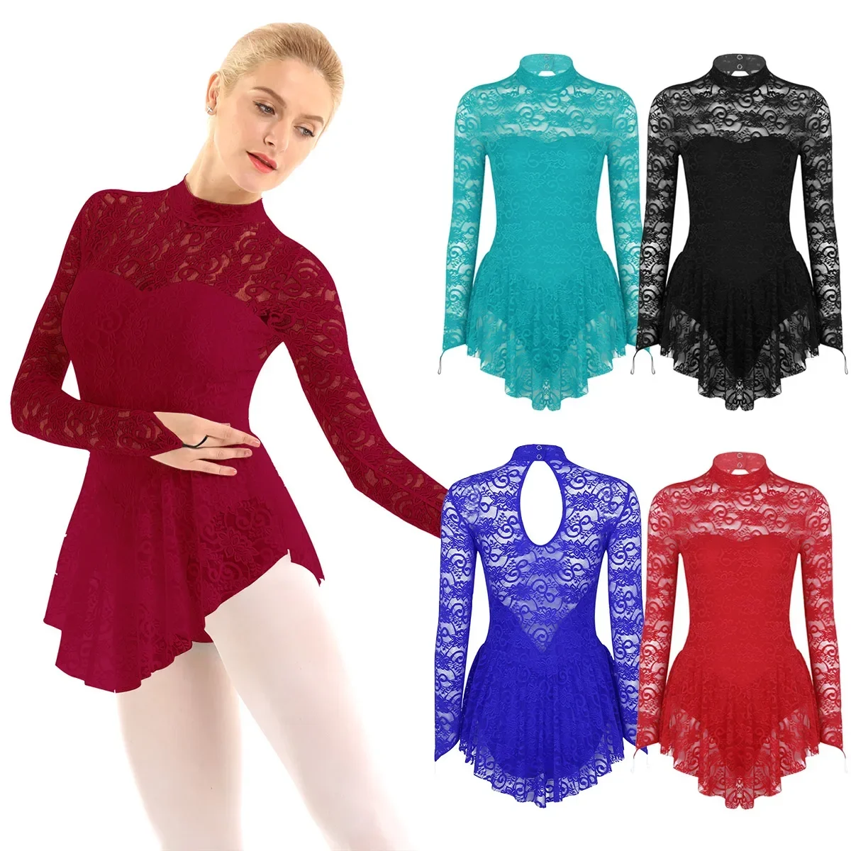 Women Ballet Dance Dress Long Sleeves Floral Lace Chiffon Gymnastics Workout Leotard for Lyrical Dancewear Stage Performance