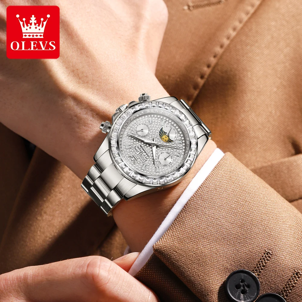OLEVS 7038 reloj automático para hombre completamente diamante fase lunar reloj mecánico para hombre calendario Original resistente al agua relojes de pulsera para hombre