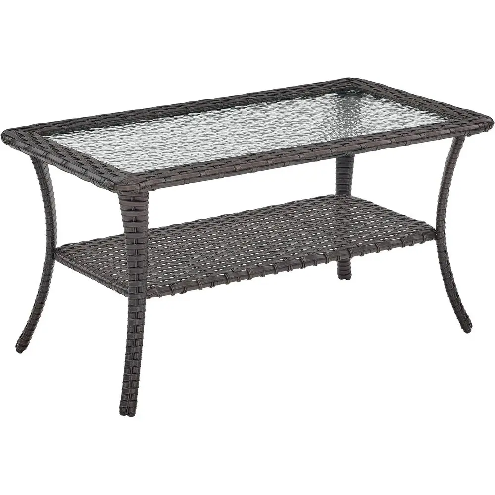 Outdoor Wicker Rattan Coffee Table with 2-Tier Storage and Glass Top for Patio, Deck, Balcony, or Garden in Rich Brown