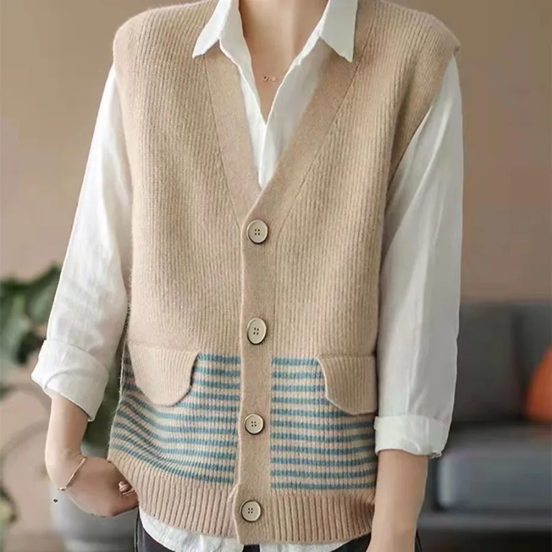 女性用ノースリーブVネックニットセーター,ルーズベスト,多用途,日本,レトロ,怠惰なスタイル,シンプル,スタック,秋,2024