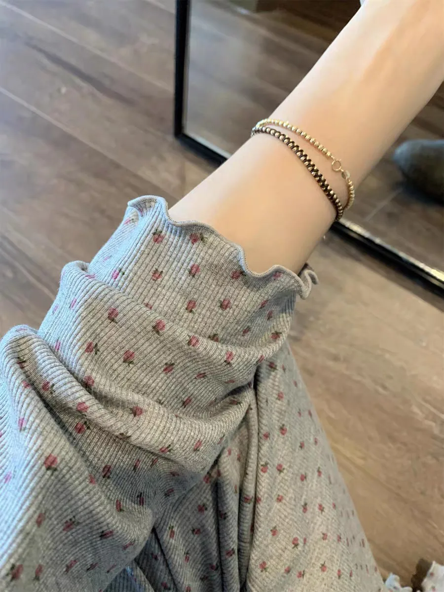 Koreanischer Stil, grauer Blumen-Pyjama für Damen, Frühling und Herbst, neues, süßes und lässiges, langärmliges, lockeres zweiteiliges Set für zu Hause – Detail 8