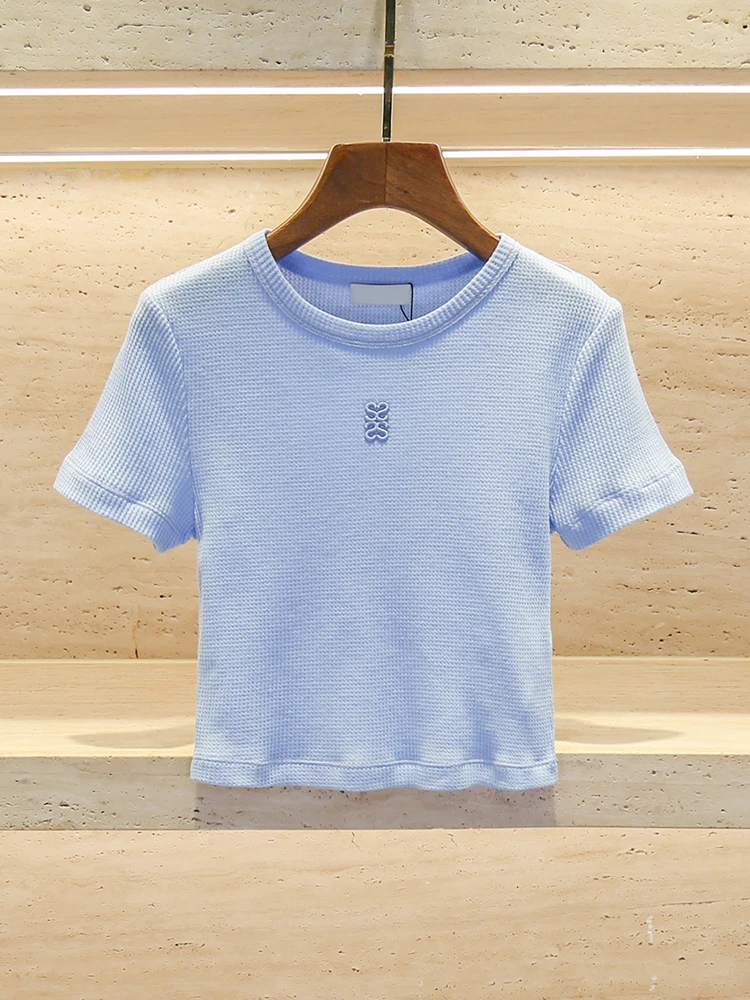 

SIVOS Premium Women's Summer Color Embroidered Knitwear T-irt round Ne ort Sve Slim Fit Faionable Top