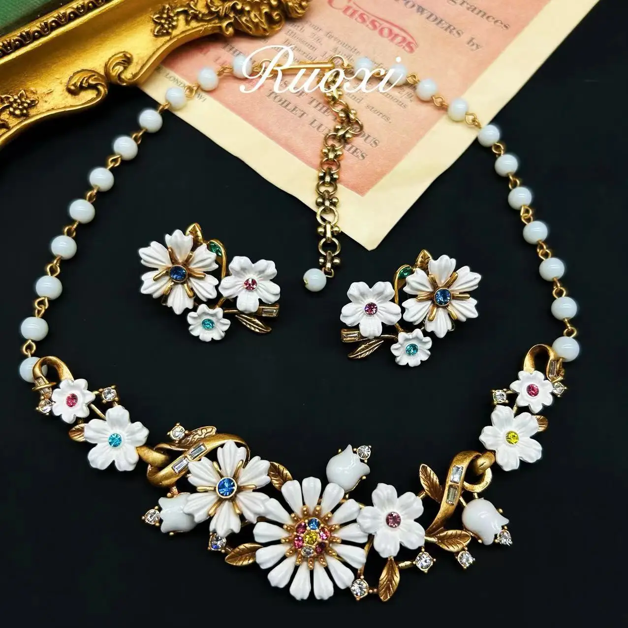 Vintage New Chinese Style Flower White Glass Beads Necklace Earrings Retro Jewelry Set For Women Party Gift