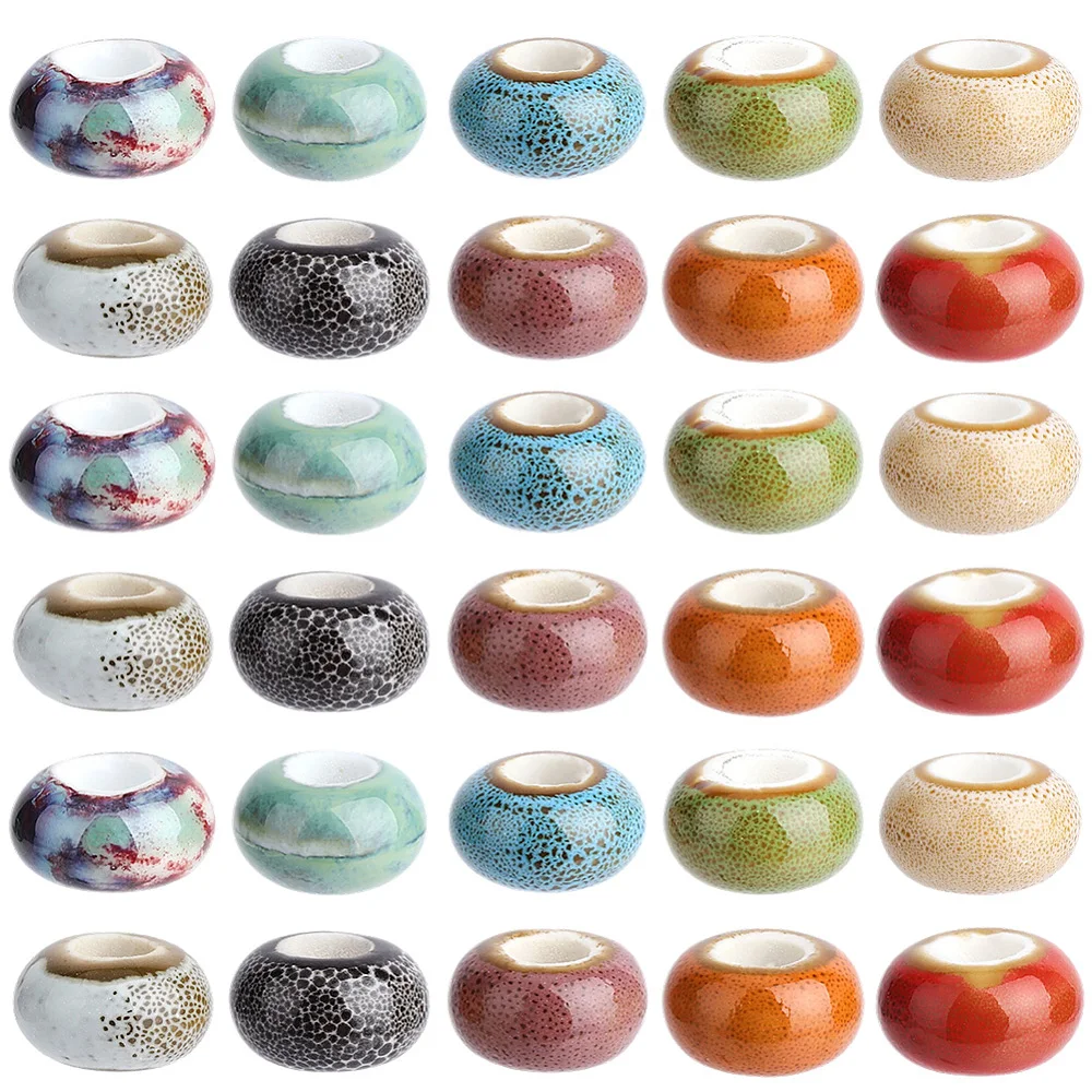 1 Box 40PCS Large Hole Ceramic European Beads Handmade Glazed Vintage Porcelain Flat Round Shaped Spacer Loose Chinese Bead Bulk