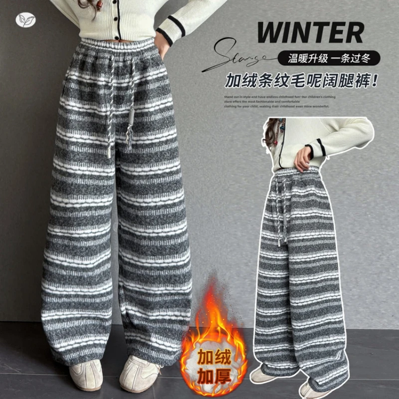 

Полосатые шерстяные повседневные брюки для девочек, контрастные широкие брюки, новое поступление осени/зимы 2025, подходят для детей 7–14 лет, молодежные длинные брюки
