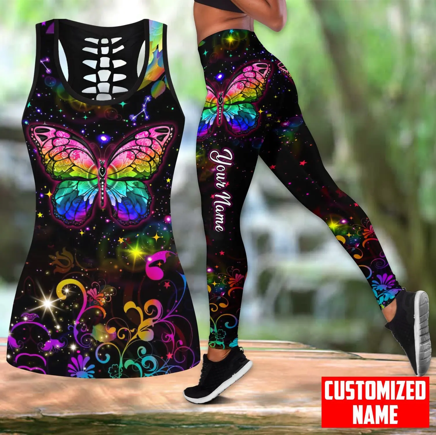 Personalizowany zestaw: top bez rękawów z nadrukiem 3D motyla i legginsy dla kobiet, długie spodnie do fitnessu, jogi i biegania KBX02