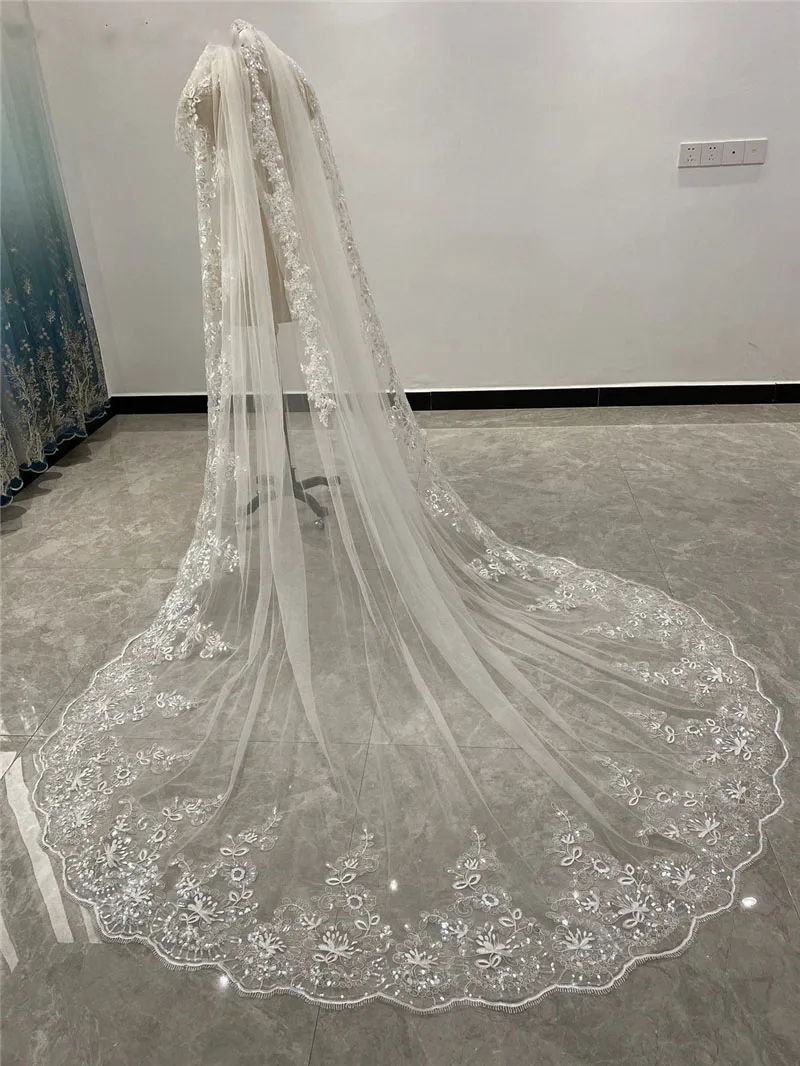 

Handmade Cathedral Length Bridal Veils One Layer White or Ivory 3m 4m 5m Long Wedding Veil for Bride Free Metal Comb