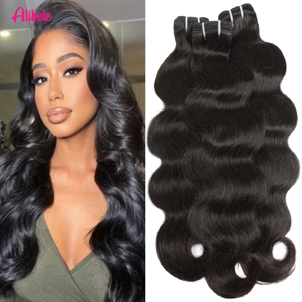 

Alibele 12-32 дюймов двойной уток пучок натуральных волос для наращивания объемных волн пучки человеческих волос 15A натуральный черный цвет для женщин