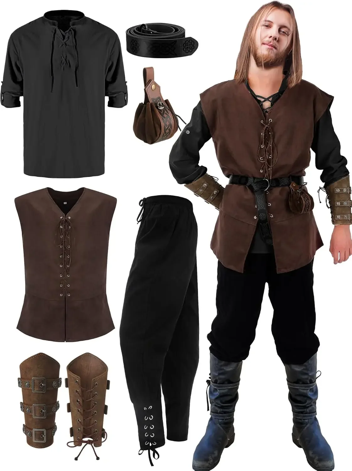 6-delige Halloween-Renaissance-kostuumset voor heren, middeleeuws vest, overhemd, enkelbandbroek, Vikingriem, armbandzakje