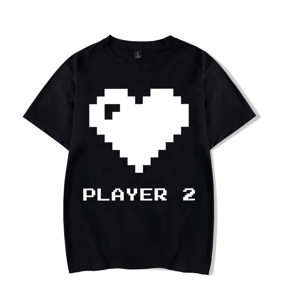 Funny Mosaic Heart Patter T Shirts Couple Casual Short Sleeve Tops Tees PLAYER 1 and 2 Print Men Women Fashion Lover Clothing