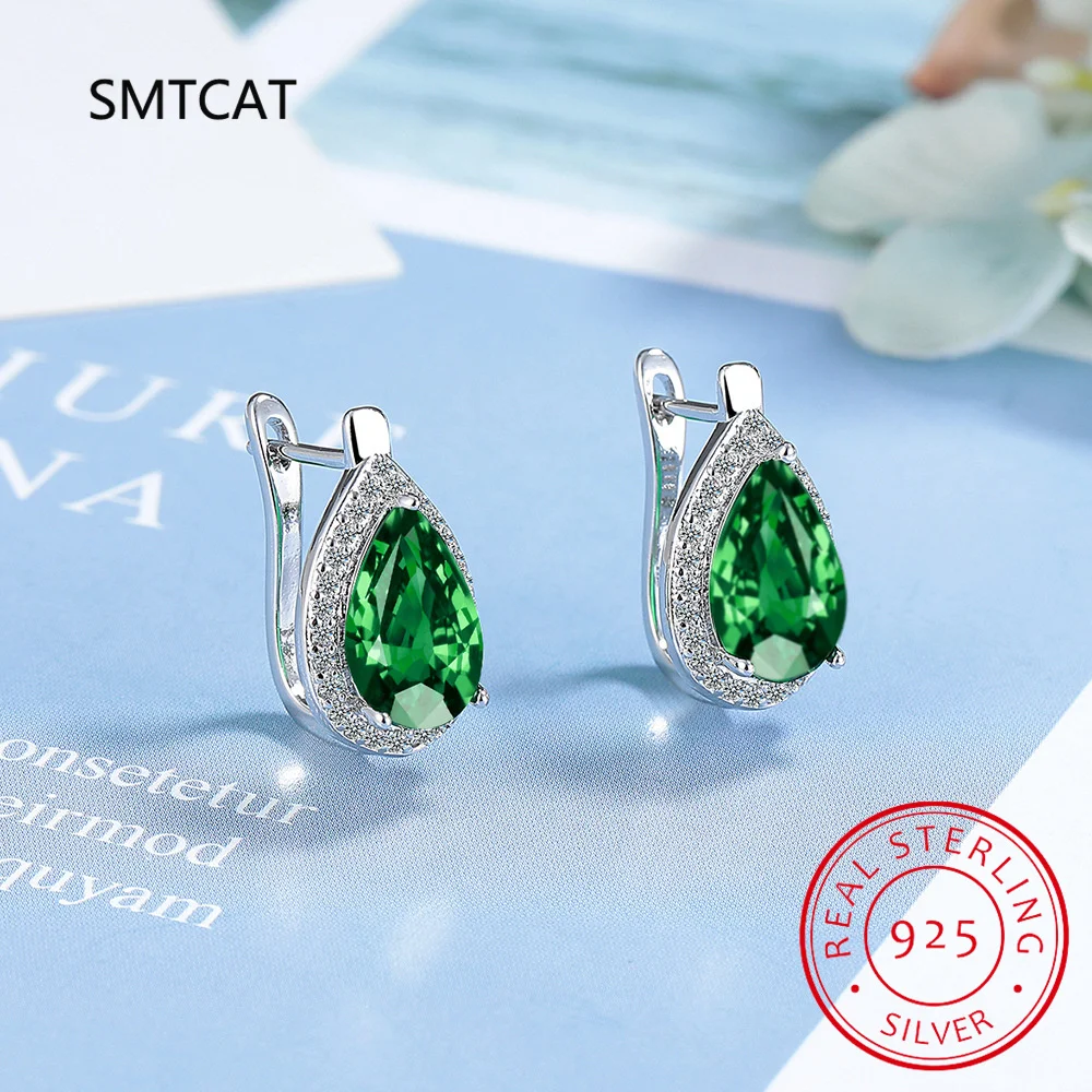 Kształt gruszki Total 5.35ct Nano Emerald Created Ruby Hoop Earrings 925 Sterling Silver dla kobiet Codzienna biżuteria ślubna na imprezę