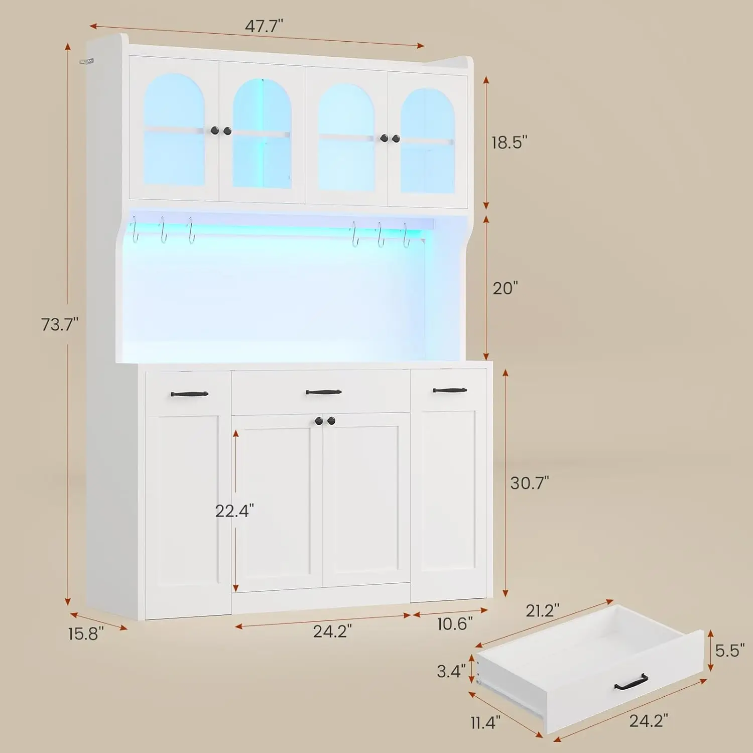 Высокий кухонный шкаф для кладовой 73,7 дюйма со шкивом, подставкой для микроволновой печи и винными полками, стеклянными дверцами, ящиками для хранения в гостиной (4 Doo