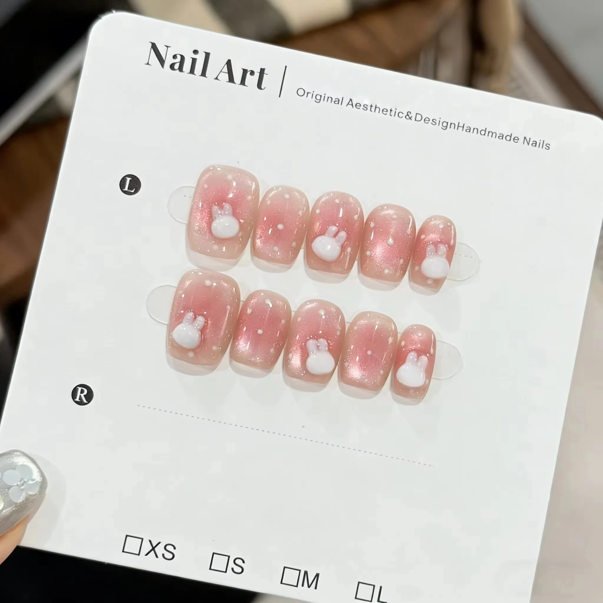 10pcs 3D Rabbit Handmade Nails Polka Dot Cat-Eye Blush Gradient Press On Nail Short Square False Nail For Women&Girl Fake Nail_voghion.com