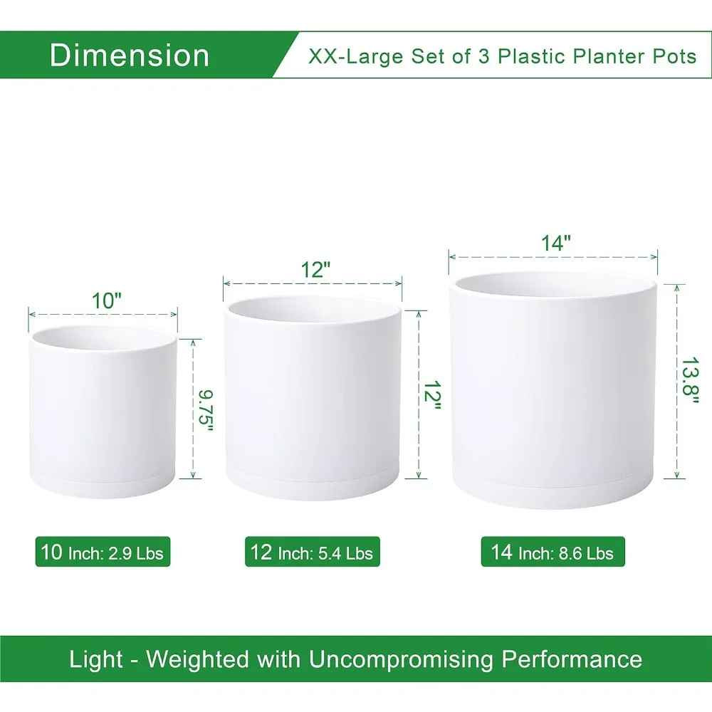 10 Inch 12 Inch 14 Inch, Set of 3 Plastic Planter Pots for Plants with Drainage Hole and Seamless Saucers, White Color, XX-Large