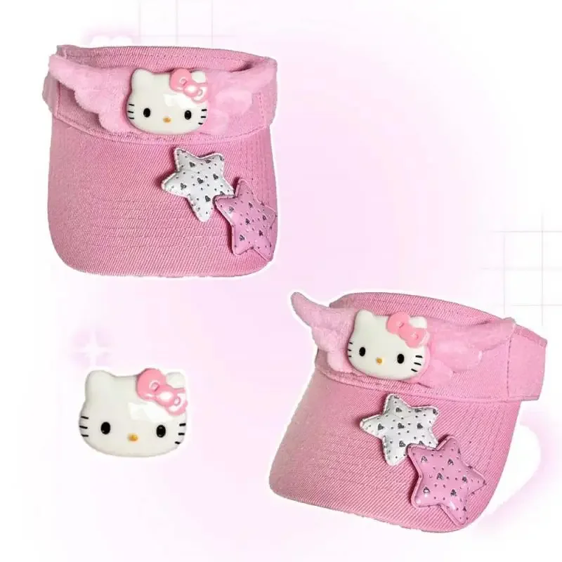 Miniso Hellokitty Hat Cartoon Kitcat Show Face Small Summer Sunscreen Outdoor Kitty Wings Flying 3D Decoration Tie Ponytail Hats