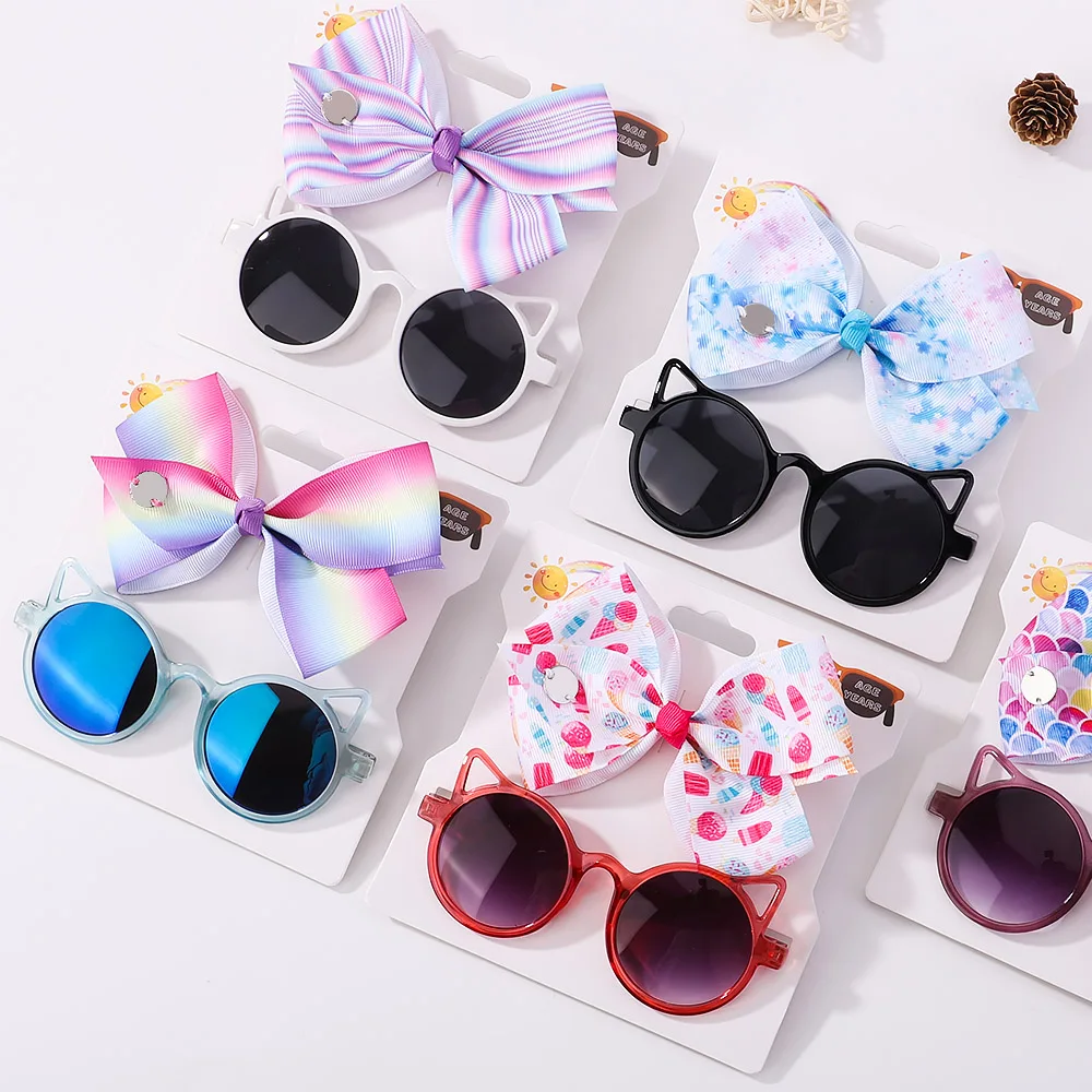 2Pcs/Pack Kids Bows Hairpin Geometry Cartoon Sunglasses Children Protection Glasses Baby Girls Seaside Vacation Hair Accessories