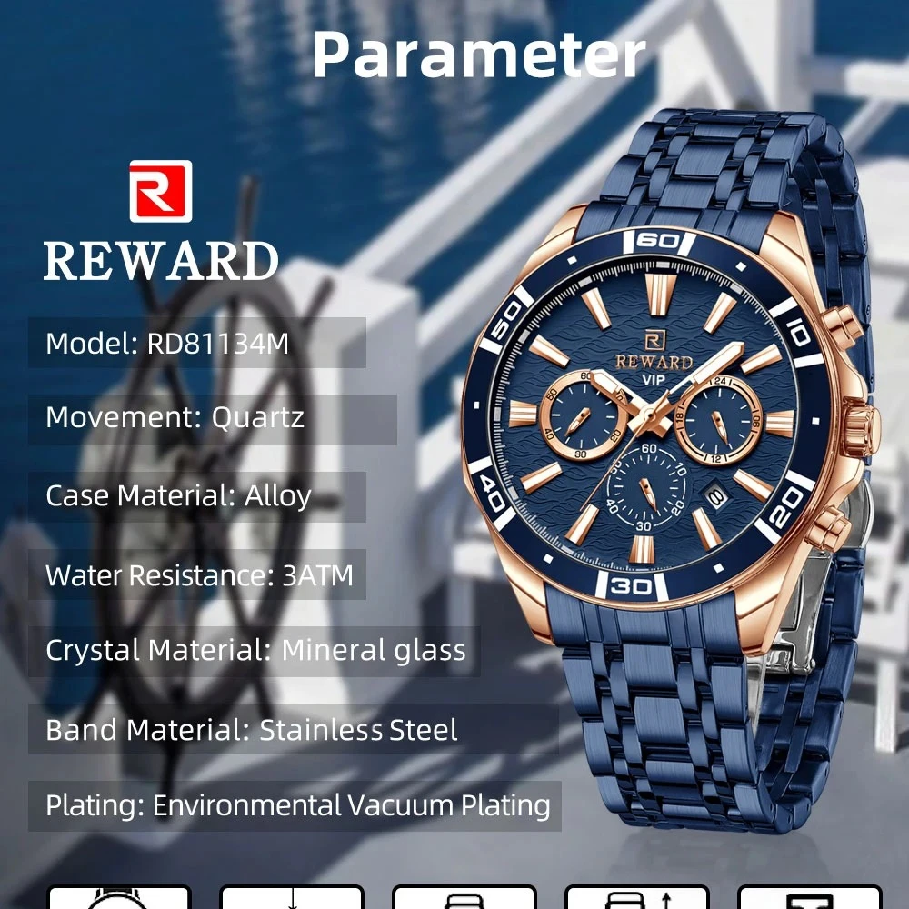 مكافأة 81134 العلامة التجارية الفاخرة رجال الأعمال ساعة كوارتز كرونوغراف تاريخ تلقائي مقاوم للماء قطاع الصلب ساعات الموضة للرجل