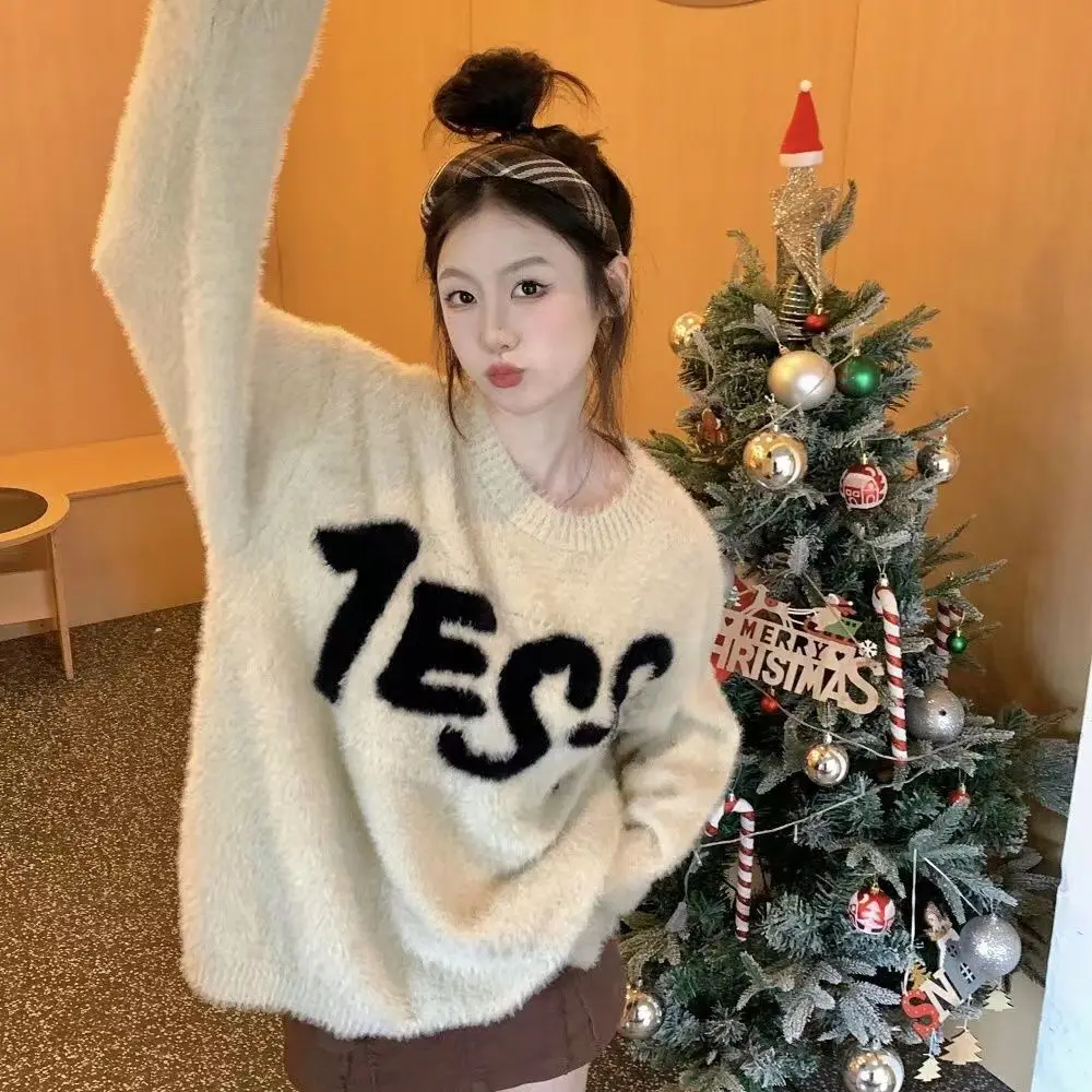 Autumn Winter Korean College Style Soft Waxy Letter Jacquard Sweater for Female Students Y2K Lazy Style Round Neck Sweater Top