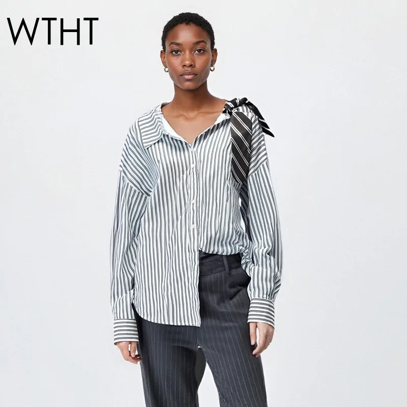 

WTHT Fashion Women's Oblique Collar Spliced Tie Design Striped Shirt 2025 Autumn New Long Sleeve Loose Blouse Female 1LS2354