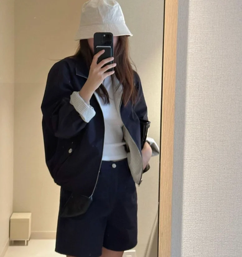 Double-Sided Wear Striped Jaet Long Sve Turn-down Collar Organic Cotton Commute Sle Loose Fit Regular Sve Length