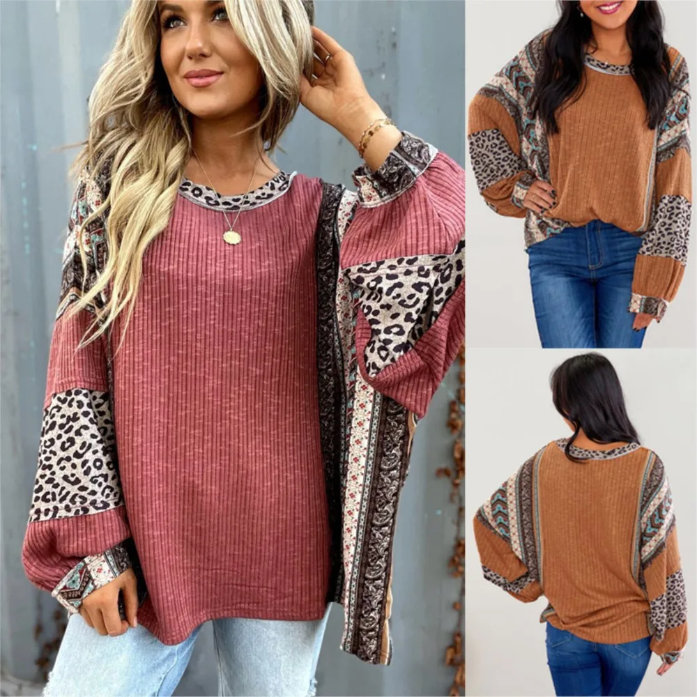 Autumn Elegant Casual Hoodie With Contrasting Striped Round Neck And Loose Long Sleeves Fashion Loose Print Vacation Boho Tops