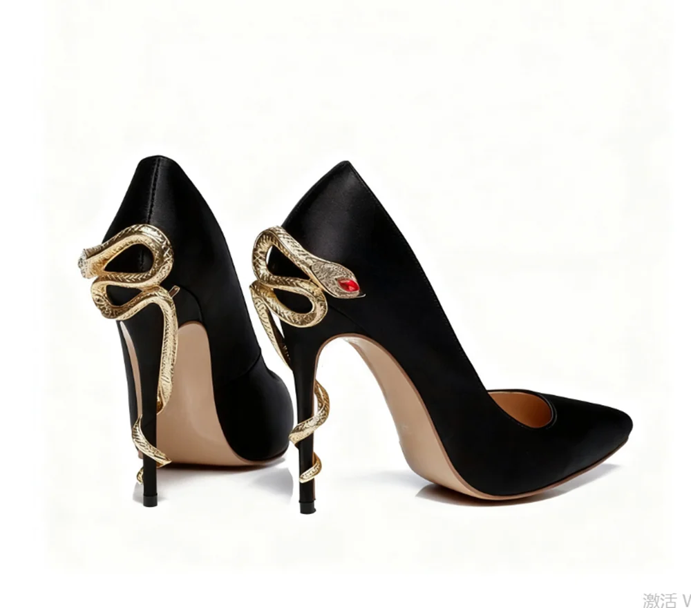 Elegant Black Satin Stiletto Pump with Gold Snake Embellishment Red Crystal Eye Artistic Luxe Pointed-Toe Woman's High Heels