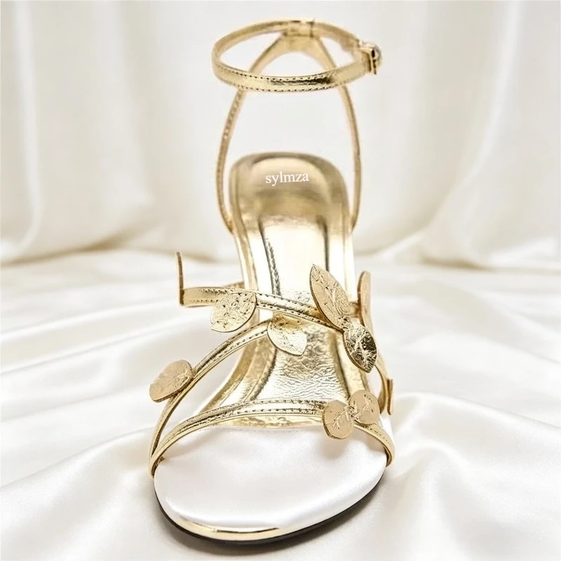

Gold Leaf Decoration Designer Heeled Sandals for Women Ankle Strap Narrow Band Round Toe Luxury Backless Heels Party Dress Shoes