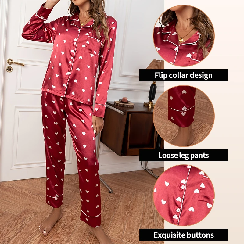 Women\'s Satin Silk Pajama Set with Love Printed Long Sleeved Shirt Paired with Long Pants Comfortabl Summer Home Clothing