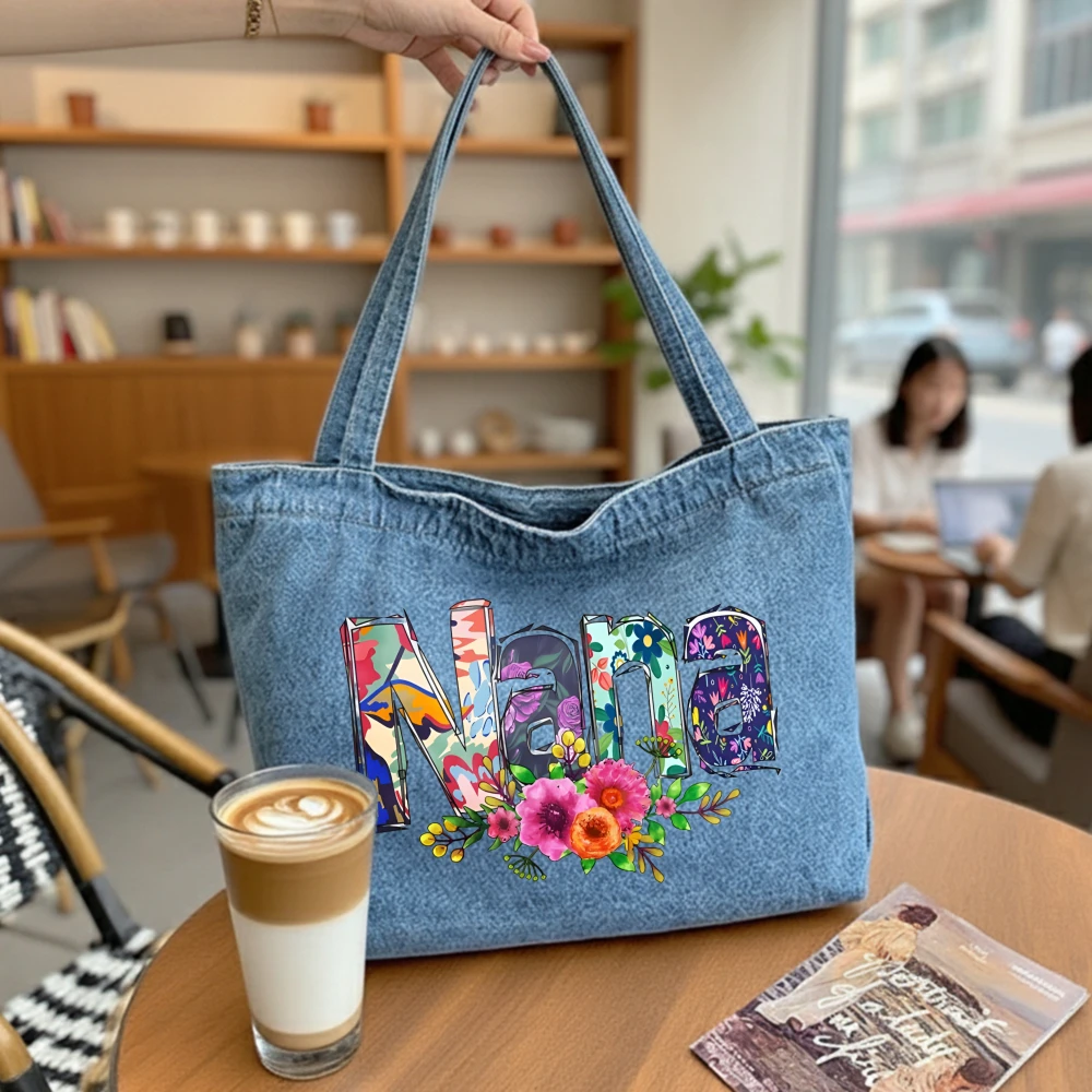 

Nana's Denim Print tote bag, Large Capacity Fashion Shoulder Bag for Work, School, Travel, Daily Commuter Handbag, Underarm Bag