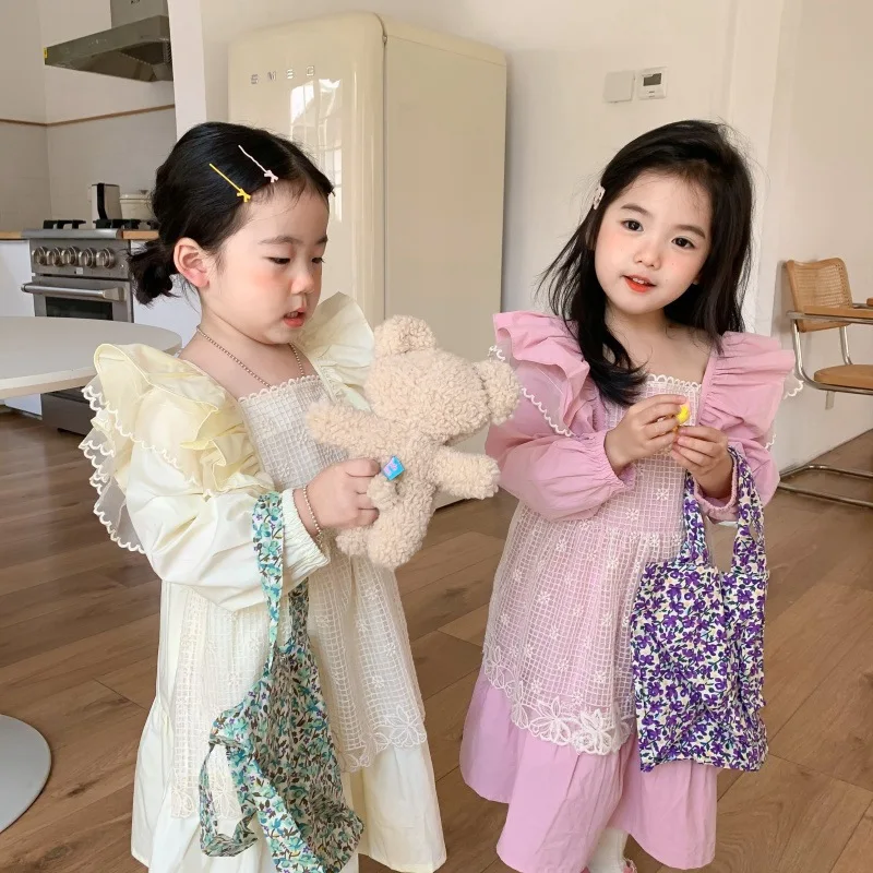 

Girl Dress South Korea Children Spring and Autumn New Girl Lace Vest Dress Fake Two Korean Baby Flying Sleeve Princess Dress