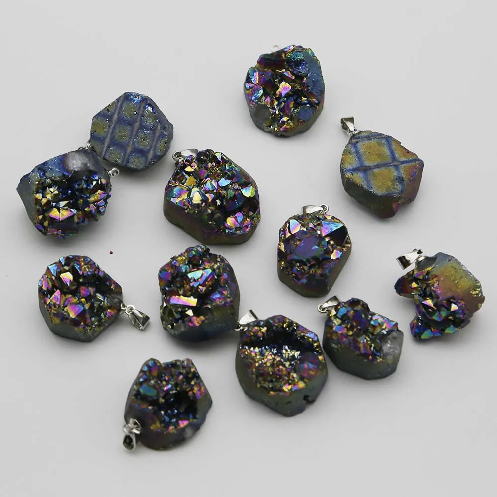 Natural Raw Stone Irregular Rainbow Crystal Cluster Pendant Electroplated Color Necklace Charm Fashion Accessories Wholesale 15P