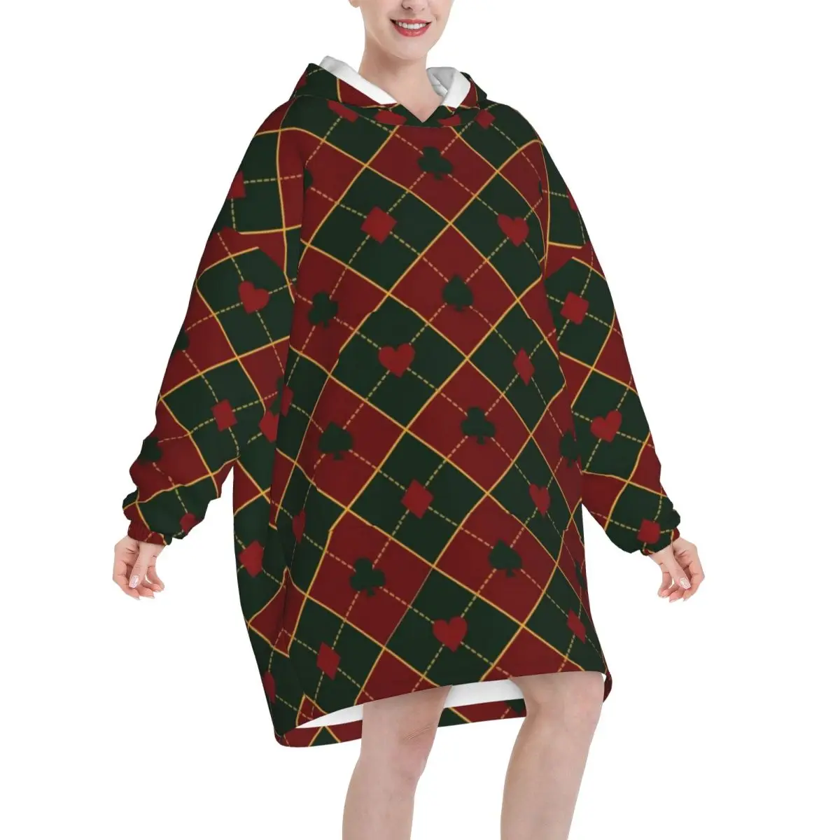 Playing Cards Suit Symbols Oversized Blanket Hoodie Sweatshirt Long Fleece Hooded Wearable Blanket with Large Pocket