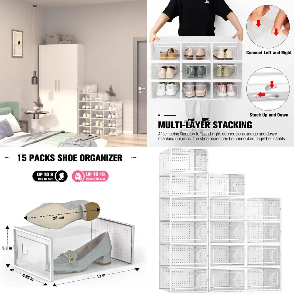 

Штабелируемые прозрачные коробки для обуви для шкафа, большие пластиковые органайзеры с откидной передней частью, подходят для размеров 10, белые