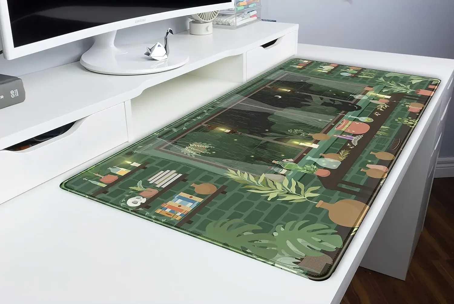 لطيف ليلة ممطرة النباتات الخضراء وسادة مكتب أنيمي القط الأسود Kawaii كبيرة الألعاب ماوس الوسادة ضوء القمر اليراعات ماوس للهدايا المنزلية