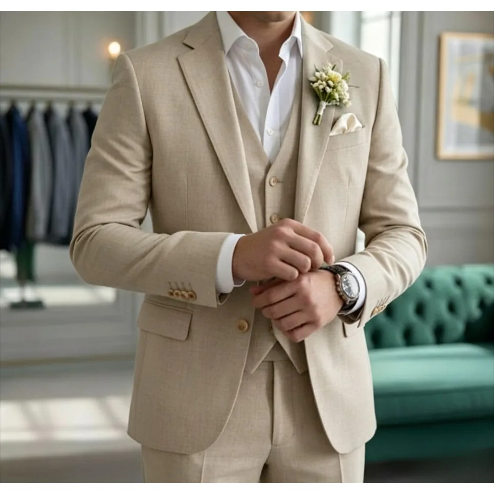 Linen Wedding Tuxedo Slim Fit Summer Men Suits 3 Pieces Lightweight Breathable Vest Blazer Pants Set Elegant Groom Formal Outfit