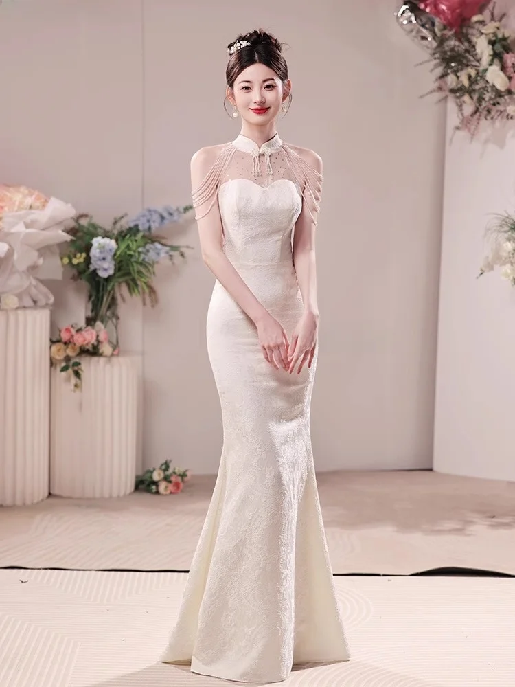 

Ele White Wedding Dr Evening Gown for Women Engagement Par Celebration Floor Length Slim Fit Fi Tail Sle