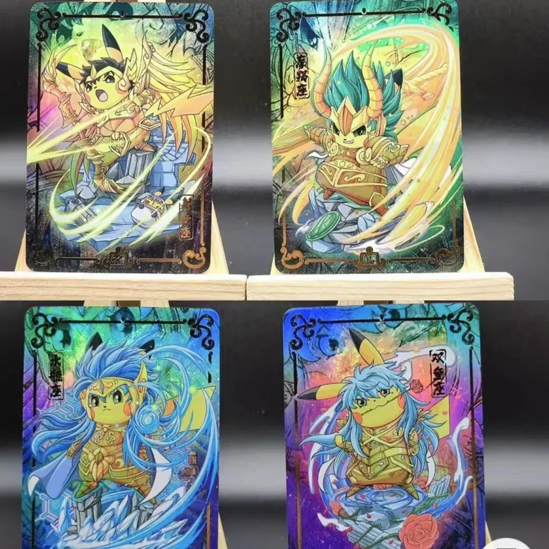 12Pcs/set PTCG Pokemon DIY Card Cosplay Costume Play Pikachu Warrior Gold Stamp Color Flash Anime Collection Card Toy Gift