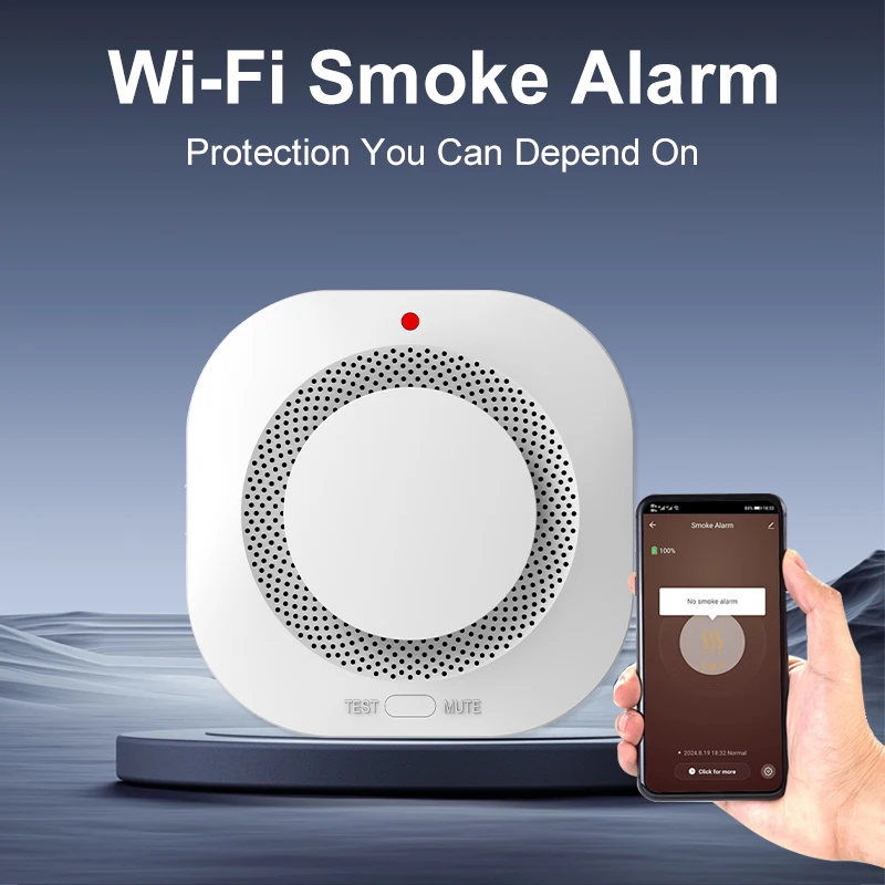 Allarme rilevatore di fumo intelligente WiFi Tuya, alta sensibilità, controllo APP per la sicurezza domestica ﻿ (senza batteria)