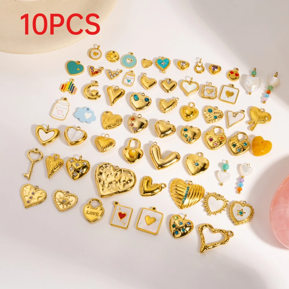 

10Pcs Heart Series Stainless Steel Charms Colorful Rhinestone Pendants DIY Handmade Accessories Ins Style