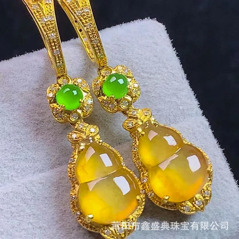 Wholesale Myanmar Natural a-Level 18K High Ice Yellow Gourd Eardrops Jade Jewelry with Certificate