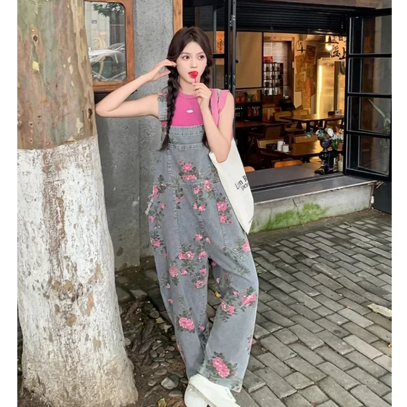 2025 Spring Summer Vintage Print Denim Overalls Women Fashion Loose Wide Leg Pants Lady Trendy Jeans Trousers Streetwear Female