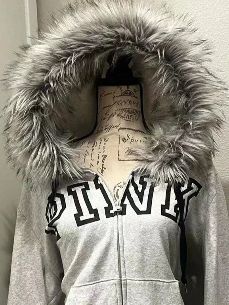 Super Dalian hooded fur splicing Y2K casual street hip-hop retro hooded sweatshirt American letter printed zipper hooded woman