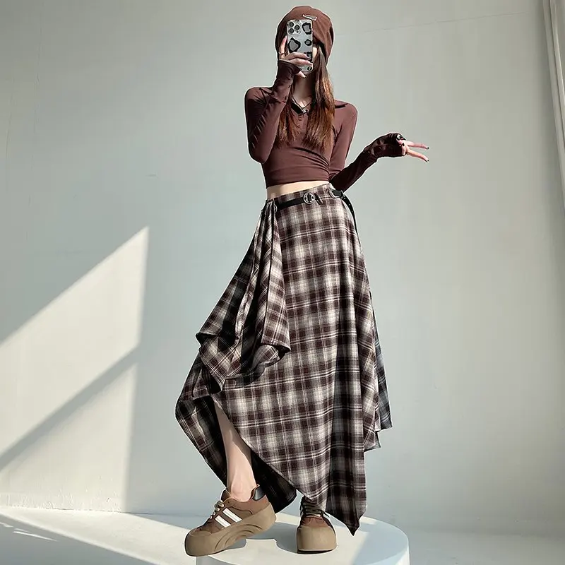 

Long Skirts Women Woolen Skirt 2025 Goth Lolita Autumn Winter High Waist Ruffles Asymmetrical Plaid Skirt Maxi With Belt