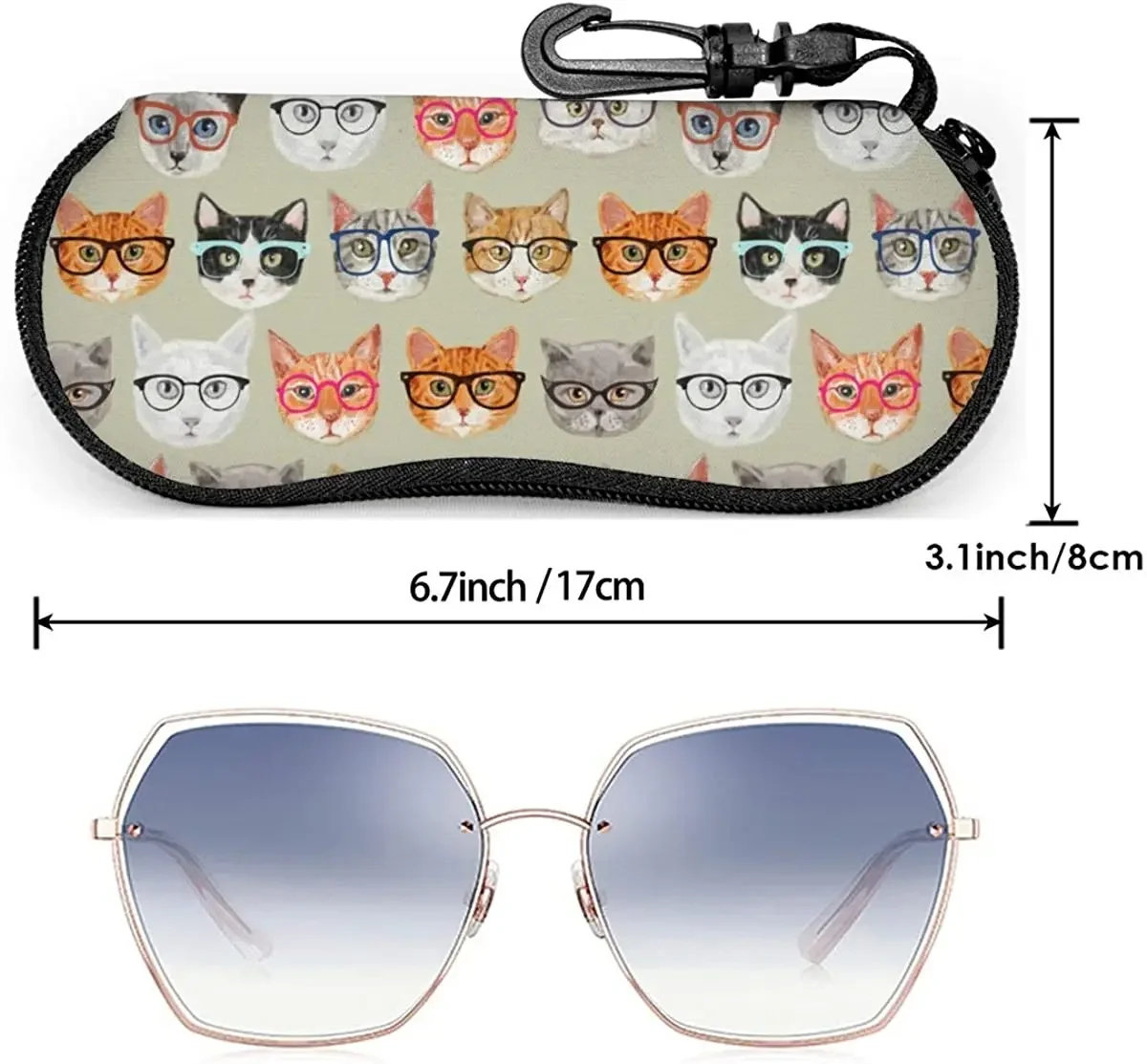 Cat With Glasses Sunglasses Soft Case with Belt Clip, Portable Glasses Case Neoprene Zipper Eyeglass Bag