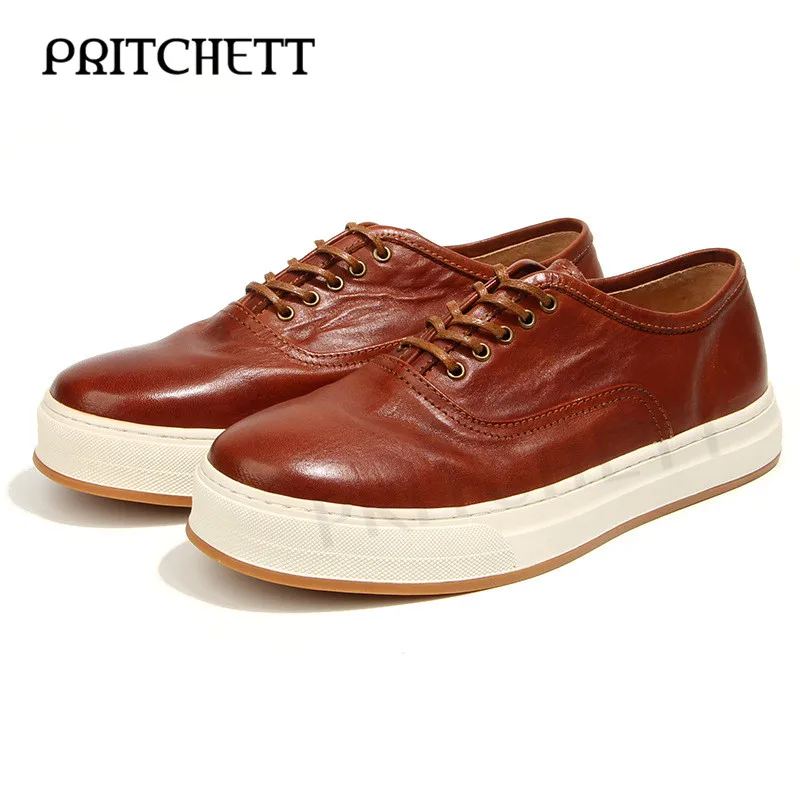 

Hand-Brushed Distressed Shoes Washed Horsehide Retro Sneakers Fashionable Casual Genuine Leather Lace-Up Men's Shoes