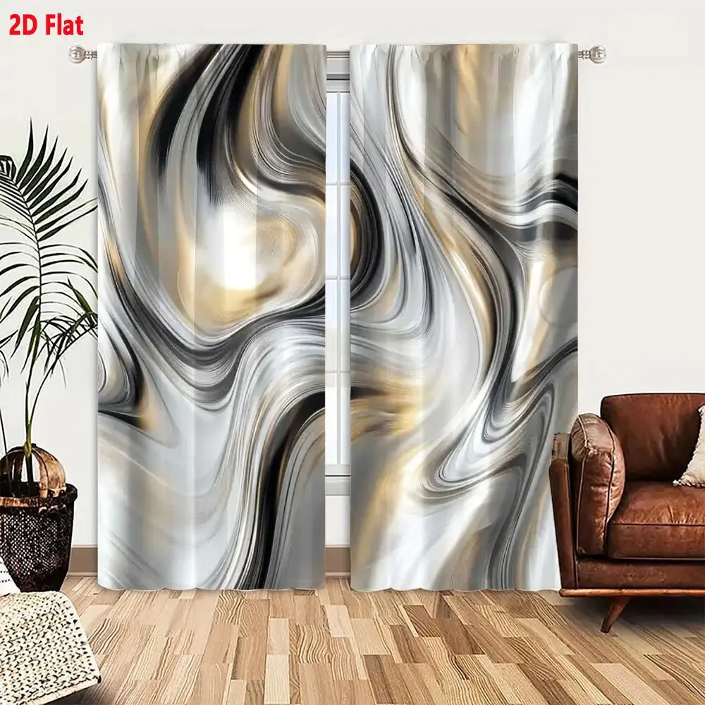 2Pcs Curtains 2D Flat Abstract Digital Artwork Flowing Wavy Patterns Silver Gold Black Liquid Metal Chrome Smooth Swirling Curve