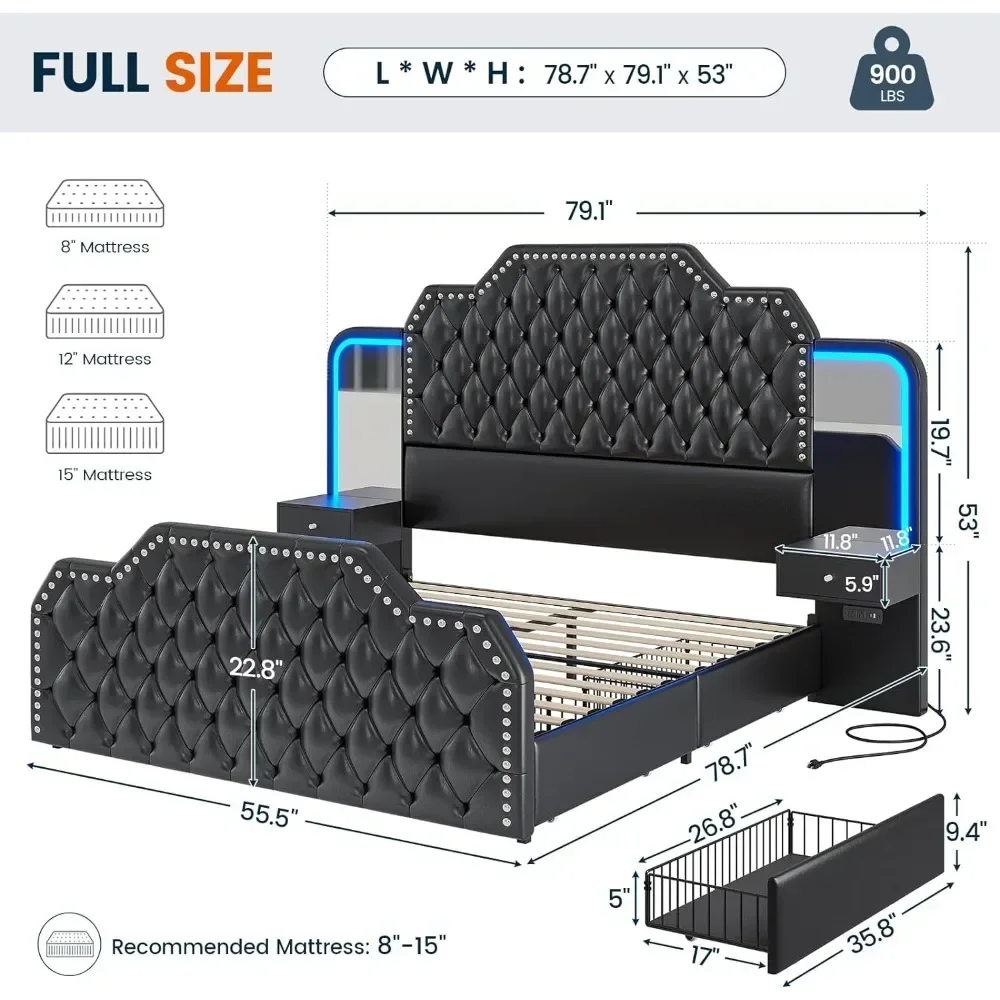 Queen Size 53” Tall Platform Bed Frame With 4 Storage Drawers Built in Charging Station & LED Bedroom Black Headboards Under Bed